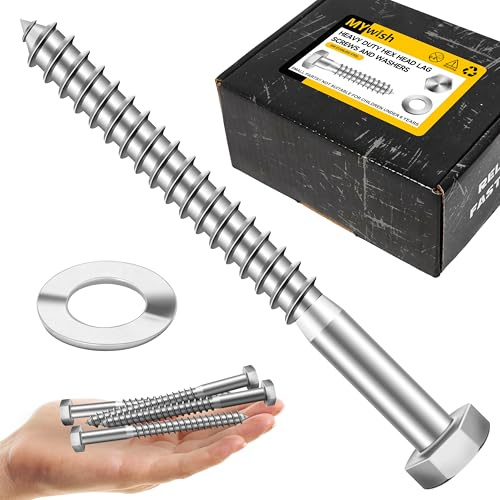 Mywish Lot de 50 boulons tire-fond de 0,95 cm x 10,2 cm, en acier inoxydable 304 de 0,95 cm pour bois, tête hexagonale robuste avec rondelles plates, finition brillante