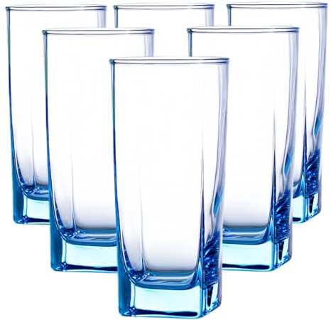 Supercap - Highball Drinking Glasses, Crystal Wine Tumblers, Square Bottom Glass Cups, Beverage Cooler Glassware for Cocktial, Iced Coffee, Beer, Whiskey, Wine, Water, Old Fashioned (Blue, 6pcs)
