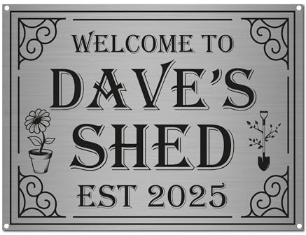 Personalised Shed Sign, Aluminium Plaque with Est. Year, A5, 20 x 15 cm | Brushed silver plaque, customised with name and established year, 4 corner screw holes, for sheds, workshops and gardens