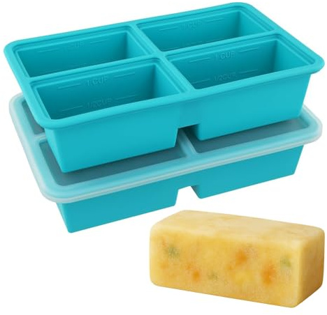 2 Pack Silicone Soup Freezer Tray with Lid, Silicone Freezer Moulds,Soup Freezer Containers,Container for Storing and Freezing Soup,Broth,Sauce and Ice,Large 4-Compartment Freezer Container, Blue