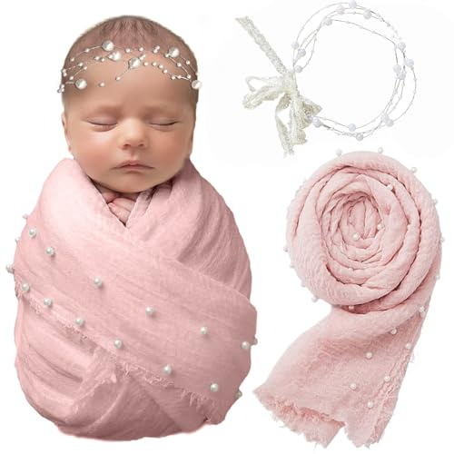 Xanewza 2 PCS Baby Requisiten Fotografie Wrap Kit, Neugeborene Fotografie Requisiten, Handgefertigte Rosa Perle Wrap Decke für Baby-Foto-Requisiten mit Weißen Perle Stirnband
