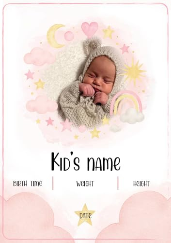 Ferocity Personalisierte Baby Geburtsdatendecke mit Namen & Foto 80x120cm | Weiche Minky Kuscheldecke für Neugeborene, Jungen & Madchen | Baby Decke mit Rosa Wolken | Geschenk zur Taufe & Geburt[081]
