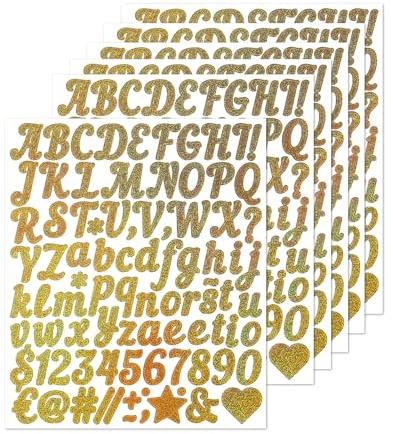 Auroriel 6 Hoja Dorada Brilantes Autoadhesivos de Vinilo Esticker Alfabeto Números Símbolos DIY Letras Pegajosas para Boda Cumpleaños Puerta Buzón Decoración