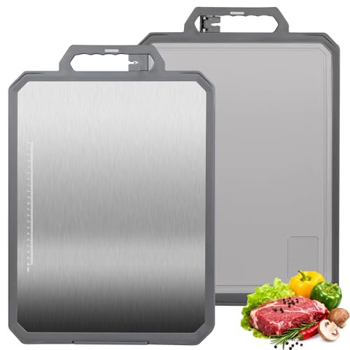 Stainless Steel Chopping Board, Double-Sided Cutting Board for Kitchen, 2 in 1 Metal Steel & Cutting Board with Stand, Knife Sharpener, Grater, Easy to Clean, Large Size 43 * 30cm