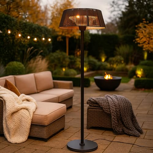 JSH Caldo/Solara Floor Standing Outdoor Electric Patio Heater | 3 Heat Settings 800/1200/2000W | Large Stylish Modern 60cm Lampshade Design | Portable Garden Space Halogen Heating (Solara)