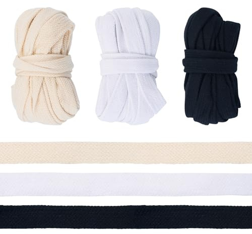 Crafans 15 Meter Baumwollkordel, Kapuzenkordel, 15 mm breit, flach, Baumwolle, Ersatz-Kordel, für Hoodie, Jogger, Hose, Kordelzug, Schnürsenkel, Beige / Schwarz / Weiß