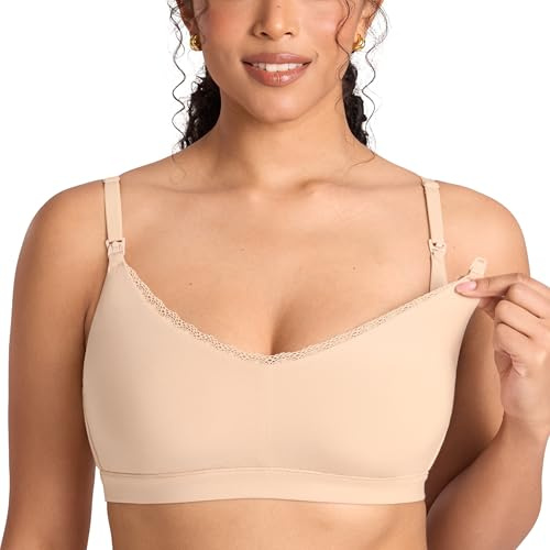 MOMANDA Lace Cotton Nursing Bras for Breastfeeding V Neck Wireless Nursing Sleep Bralettes Ultra Soft Beige Large