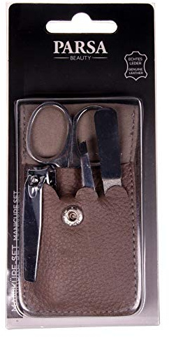 PARSA Beauty Maniküre-Set 4-teilig | edles Nagelpflege-Set im grauen Echtleder-Etui, Nagelschere, Feile & mehr für gepflegte Nägel, kompakt & ideal für Reise