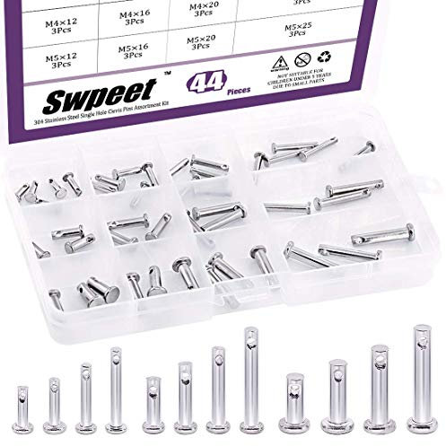 Swpeet 44pcs 304 Stainless Steel Clevis Pins Assortment M3 M4 M5 12 Flat Head Pin with Location Hole Round T Pin with Plastic Box