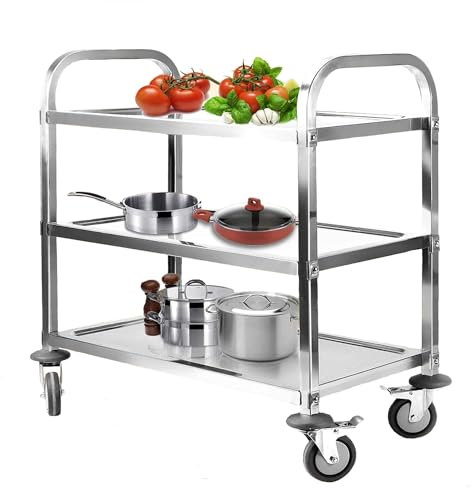 ybaymy 3 Böden Servierwagen Edelstahl Küchenwagen 835 x 750 x 400 mm Speisewagen mit Bremsen Rollen Tragfähigkeit 110kg Transportwagen Service Wagen Rollwagen für Restaurant Hotel Schul Küche