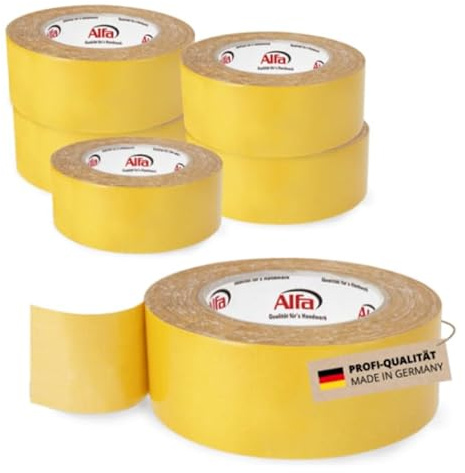 Alfa 6x Verlegeband Top-Fix 25 m x 50 mm – Doppelseitiges Klebeband (150 m) | Profi-Qualität - Zum Verlegen von Teppich und PVC-Belag - Hohe Anfangshaftung - Feuchtigkeitsbeständig