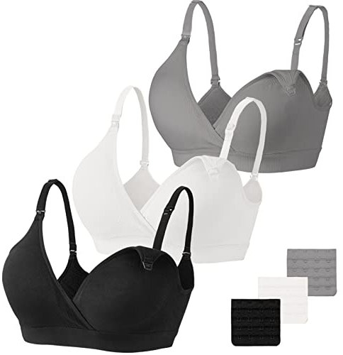 Vinfact Still BH Damen Ohne Bügel 3Pcs Nahtloser Schwangerschafts-BHS V-Ausschnitt Stillbh Nursing Bra mit zusätzlichen Verlängerungen Stillen und Schlaf - S-Schwarz/Haut/Weiß