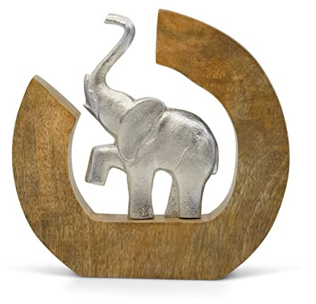 FeinKnick Skulptur “Leichtigkeit” - Moderne Elefanten Deko Figur in Handarbeit aus Alu in Mangoholz - silberner Deko Elefant aus Metall in Baumscheibe 24 cm groß - Dekofigur als Statue mit Holz