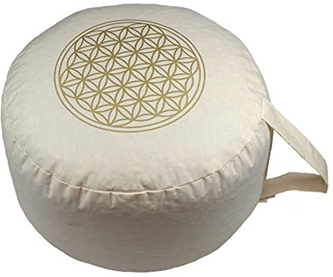 Herbalind Set Ø 28 cm Yogakissen Meditationskissen mit Augenkissen Sitzkissen - Blume des Lebens Yoga Kissen mit Bio Dinkelspelz - Sitzhöhe 16cm - Bezug aus Baumwolle Oeko TEX Zertifiziert, Natur