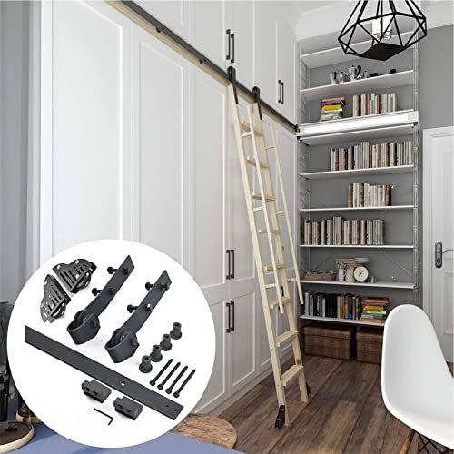 Pipi Zhu Kit di Ferramenta Scala della Libreria Rotolamento - Set Ferramenta di Binario Porta Scorrevole, Binario Sospeso per Scale Mobili Loft Nero (con Rulli), Portante Sicuro, Facile da Installare