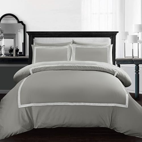 AR Ware Double Duvet Cover Set - Soft Luxury Bratta Stitch Embroidered Microfiber Duvet Sets with 2 Pillowcases - Non Iron Bedding Hotel Quality Quilt Cover (Charcoal)