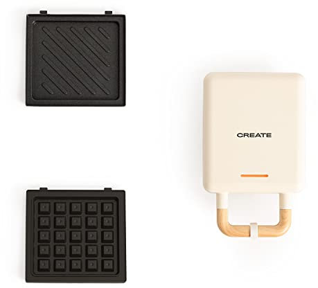CREATE/STONE STUDIO/Sandwichmaker und Waffeleisen in Cremeweiß /2 austauschbare Antihaftplatten, 1 Scheibe, 100º Offnung, BPA-frei, 1 Scheibe, 105º Öffnung, Cool-Touch-Griff, 600W