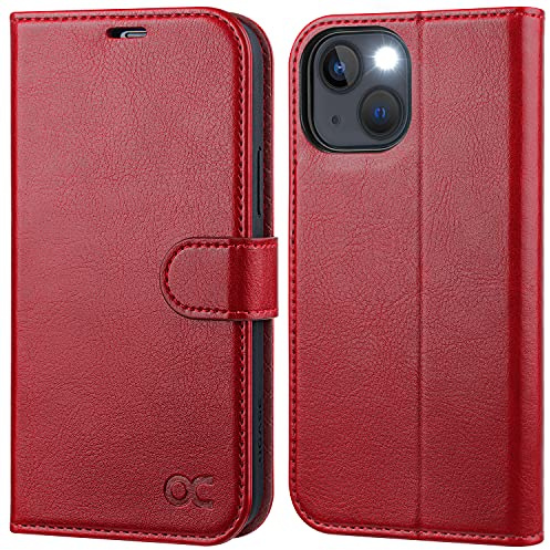 OCASE für iPhone 14 Hülle Handyhülle Premium PU Leder Rot | Kartenfach Magnetverschluss RFID Schutzhülle Klapphülle Handytasche Lederhülle Tasche Etui