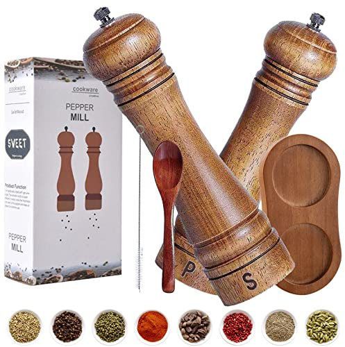 Juego de 5 Juego de Molinillos de Sal y Pimienta con Bandeja, Molinillo de Especias de Madera, Molinillo de cerámica Duro y Ajustable, Molinillos de Pimienta de Madera para Sal y Especias