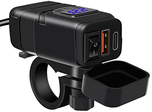 Beedove Motorcycle USB Charger, Type-C + USB Port, QC3.0 Quick Charge 12v USB Socket with Voltmeter Display and Switch, Waterproof Motorbike Phone Charger for Car/Boat/Camper/Van/Caravan
