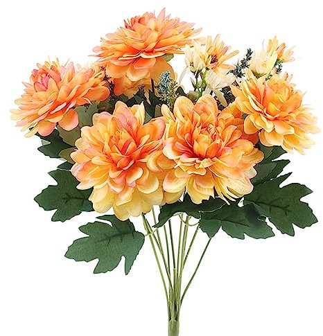 SLFYEE 10 Köpfe Künstliche Blumen Ringelblume Kunstblumen Chrysantheme Blumenstrauß Seidenblumen Plastik Blumen deko für Terrarium Vase Hochzeit Blumengestecke Balkon Garten Orange