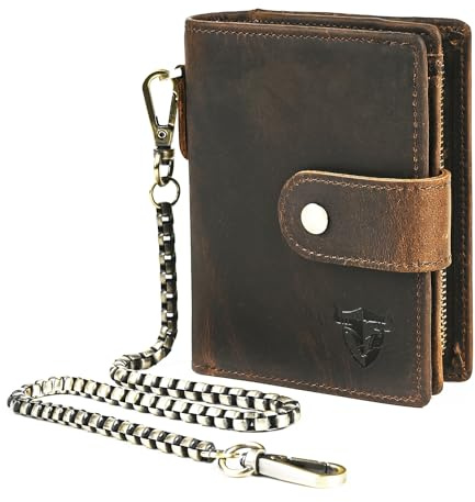 Handadsume Echtleder Crazy Horse Leder Reisen Geschenk Münztasche Kartenetui Lang Organizer Brieftasche Kette RFID Geldbörse mit Snap für Männer männlich 1803 (1804 Braun)