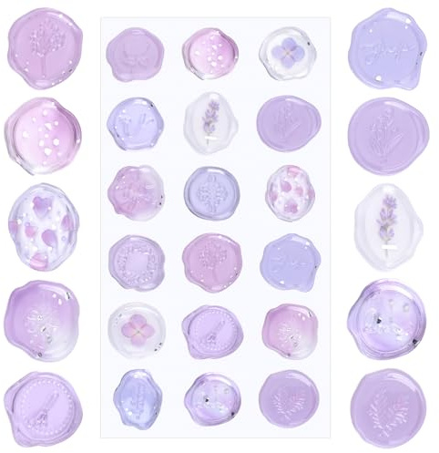 URROMA Transparente Wachssiegel-Aufkleber, 54 St點k, transparentes Acryl, Hellviolett, florales Thema, strahlend, selbstklebend, f黵 Umschl鋑e, Geschenkverpackungen, Scrapbooking