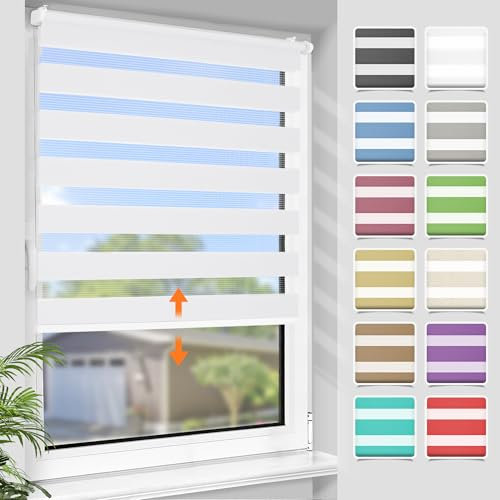 SBARTAR Doppelrollo schnurlos Klemmfix Rollos für Fenster ohne Bohren & zum Bohren, Weiß B45 x H120 cm, Drücken Und Ziehen Springrollos, Lichtdurchlässig Aber Blickdicht Mittelzugrollo