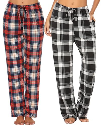 Ekouaer 2er Pyjamahose Damen Lang Schlafhose Karierte Schlafanzughose Weiche Freizeithose mit Taschen, Schwarz Weiß M