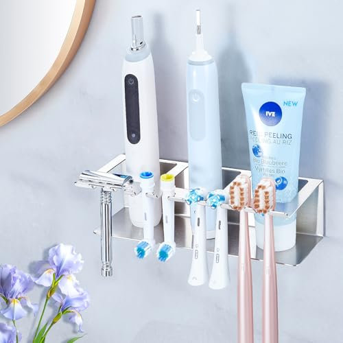 GGQ Elektrische Zahnbürstenkopf Halter, Zahnbürstenhalter, Aufsteckbürsten Halter, Halterung Elektrische Zahnbürste, Zahnbürsten Zahnpasta Halter Wand Ohne Bohren, Zahnbürsten Aufbewahrung (Silber)