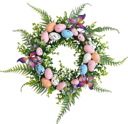 Bullpiano Ostereier-Kranz für Haustür, 40 cm, Osterkranz-Dekoration, Frühlings-Eier-Kranz mit Blumen, Beeren und grünen Blättern, Frühling-Osterdekoration, Oster-Türkranz, Ostergirlande Dekor (40