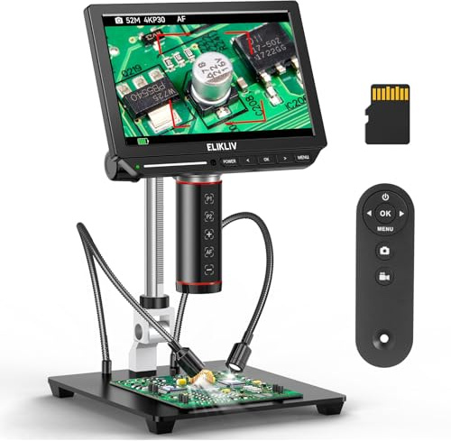 Elikliv Autofocus 4K Digital Microscope EM4K-AF, 52MP Soldering Microscope for PCB Repair, Coin Inspection & Watchmaking, 2000X Magnifier Scope, 8 IPS Screen, HDMI/USB Output, 10 Stand, 64GB Card