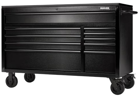 BUNKER 10 Drawer Workbench Roller Tool Cabinet with Black Stainless Steel Worktop, 56