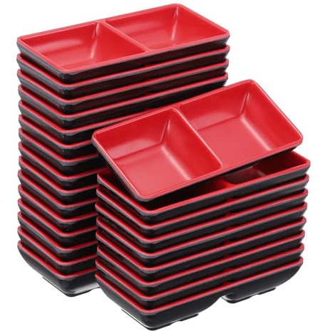 sourcing map 24Pcs MF Square Dipping Bowls, Small Black Red Side Dish Bowls with 2 Compartment Divided Seasoning Plate Soy Dishes for Condiment Desserts Home BBQ Party Picnic Restaurant