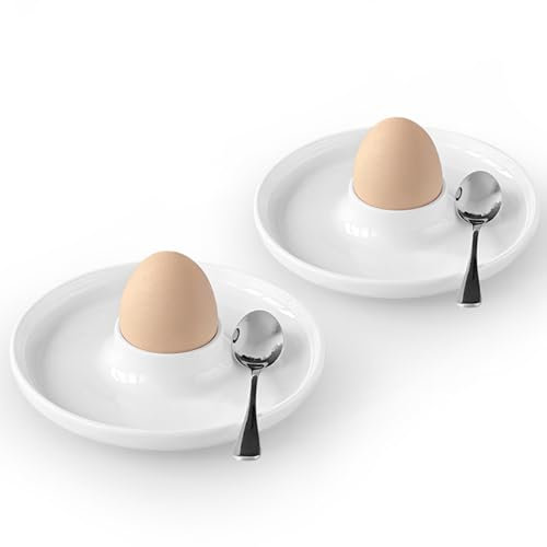 Cinf EggHolder & Spoon Set 2 Ceramic Egg Holders + 2 SS Spoons Breakfast Plate White 5.5'' Food Container Egg Tray Dinner Serving for Hard Boiled Eggs, Easter & Deserts Kitchen