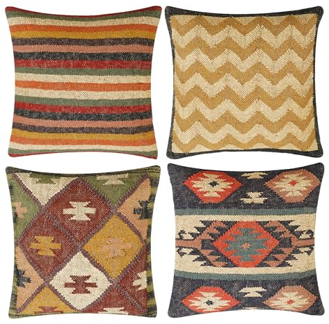 INDACORIFY, Juego de 4 Uds. De Funda de cojín Kilim de Yute de Lana, Funda de Almohada turca Tejida a Mano Vintage, Funda Decorativa para decoración del hogar (Estilo- 03)
