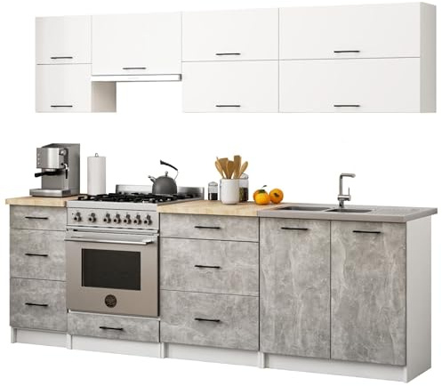 AKORD | KüchenmöbelSet 2.4m G2 | Küche Komplett | Kitchen Cabinet Set | Küchenschränke | Standschränke | Hängeschränke | Schubladen | Untertischschrank | Weiß & Beton Front