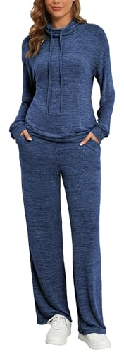 Famulily Cowl Neck Womens Tracksuit Sets Drawstring Long Sleeve Pullover Top and Elastic Waist Wide Leg Pants with Pockets