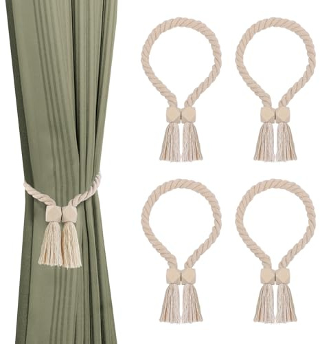 AYSYR 4 Stück Raffhalter für Vorhänge Beige,Vorhang Raffhalter Magnetische Stärke,Vorhang Halter Leicht zu Installieren Boho,Raffhalter für Gardinen Schöne Dekoration,Gardinenhalter Gewebter Vorhang