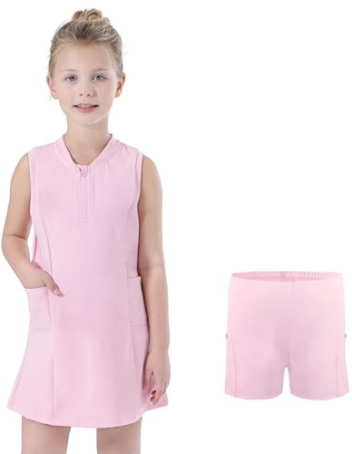 Bezioner Tenniskleid Mädchen mit Hose Golfkleid Reißverschluss Tennis Outfit mit 4 Taschen Sportkleid Ärmellos Skaterkleid
