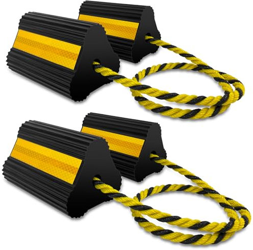HOXWELL Wheel Chocks (2pair/4pack with Rope) for RV Trailer Camper Truck Car Aircraft, Versatile Heavy Duty Rubber Wheel Chocks Block with 3 Reflective Strips, Tire Wheel Immobilizers & Chocks