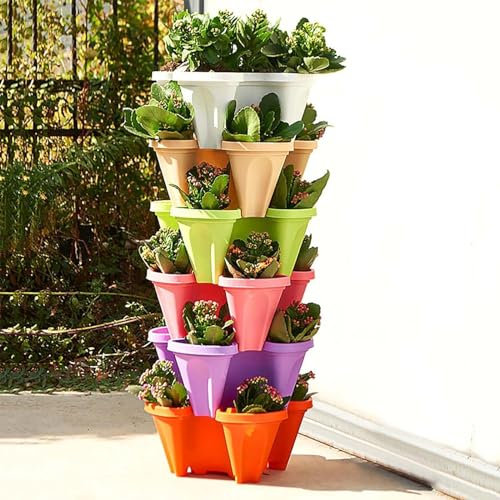 Juego de macetas verticales apilables de 3 niveles para interiores y exteriores, sistema de riego automático para fresas, hierbas, pimientos, flores y plantas