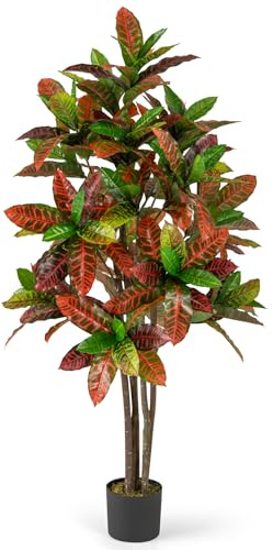 COSTWAY Kunstpflanze 150 cm, Künstliche Pflanze Kroton, Palmenbaum mit bunten Blättern & natürlicher Holzstamm, Kunstbaum im Topf, Tropische Palme Zimmerpflanze, für Büro Zuhause, Rot+Grün