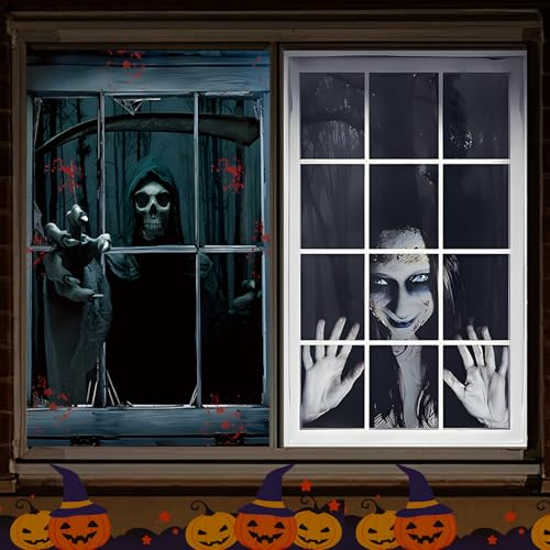 2 Stück Halloween Deko Gruselig Fensterbilder, 120 x 80cm Halloween Horror Fensterdeko, Halloweens Gruselig Deko Fenster Vorhang, Party Horror Dekos Accessoires für Indoor Aussen
