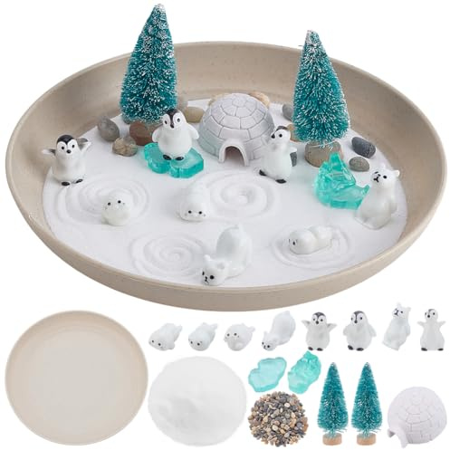 WEBEEDY Christmas Zen Garden Kit for Desk, DIY Mini Penguin Zen Garden Kit with Tray, Sand, Animal Ornaments, Rake & Tools for Desktop Meditation Sand Box Christmas DIY Winter Decoration Gift