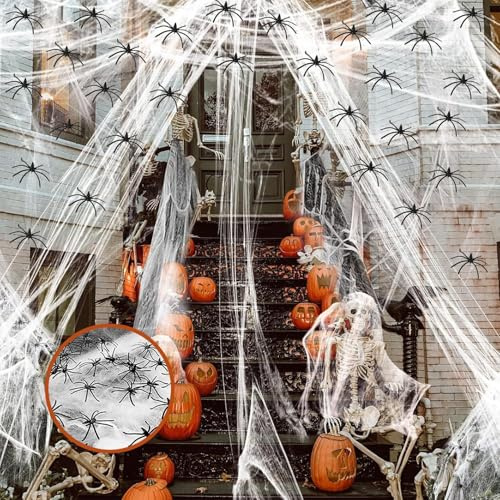 Ragnatela Halloween, 300g Ragnatela Bianca Estensibili e 40 pezzi Ragni di Plastica, Ragnatela per Decorazioni spaventose, per Halloween Feste,Casa Infestata, Decorazione Interna ed Esterna Horror