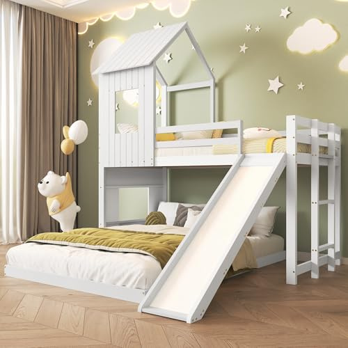 Letto a castello con scivolo 90 x 200 e 140 x 200 cm, letto con tetto e finestra, struttura in legno stabile, salvaspazio con scale e ringhiere, per camera dei fratelli, colore: bianco