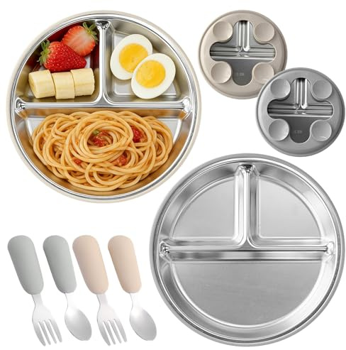 2 piatti a ventosa per bambini, in acciaio inox, con 2 cucchiai e forchette, piatti divisi per bambini, utensili per bambini, set di alimentazione antiscivolo, senza BPA (grigio + beige)