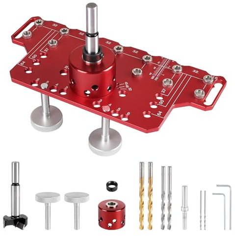 SUPAWAY Hyllstift-borrjigg röd hylla stift jigg och skåp gångjärn jig 2 i 1 hyllstiftenhet och 35 mm gångjärn aluminium hålrader borrmall med 5 mm och 1/4 tums borrar (kort)