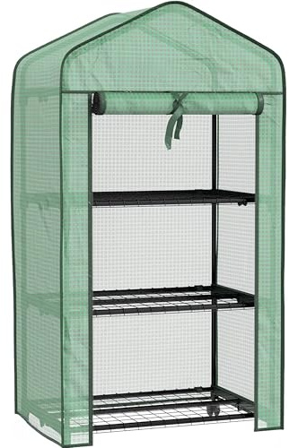 Serra da Balcone 3 Ripiani in Acciaio con Telo Impermeabile PE Trasparente – Mini Serra per Piante, Ortaggi da Esterno – Porta Avvolgibile con Cerniera, Facile da Montare, 69x48x125 cm